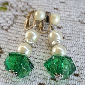 Vintage Teardrop white Green Drop Earrings  